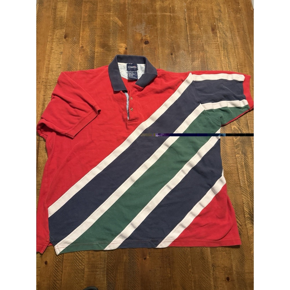 Vintage 90s Catalina Striped Rugby Polo Shirt Mens XL Red Blue White 100% Cotton